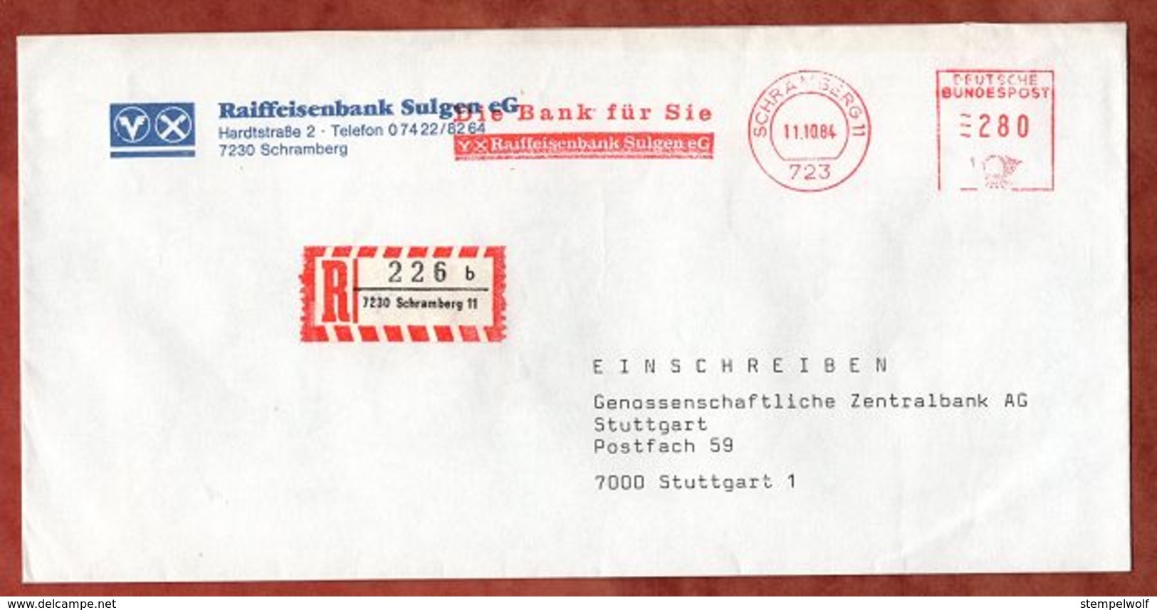 Einschreiben Reco, Absenderfreistempel, Raiffeisenbank Sulgen, 280 Pfg, Schramberg 1984 (77539) - Maschinenstempel (EMA)