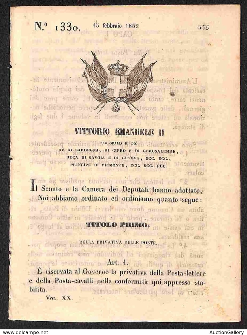 ANTICHI STATI ITALIANI - Sardegna - 1852 (15 Febbraio) - Privativa Delle Poste Lettere E Della Posta Cavalli - Decreto 1 - Otros & Sin Clasificación
