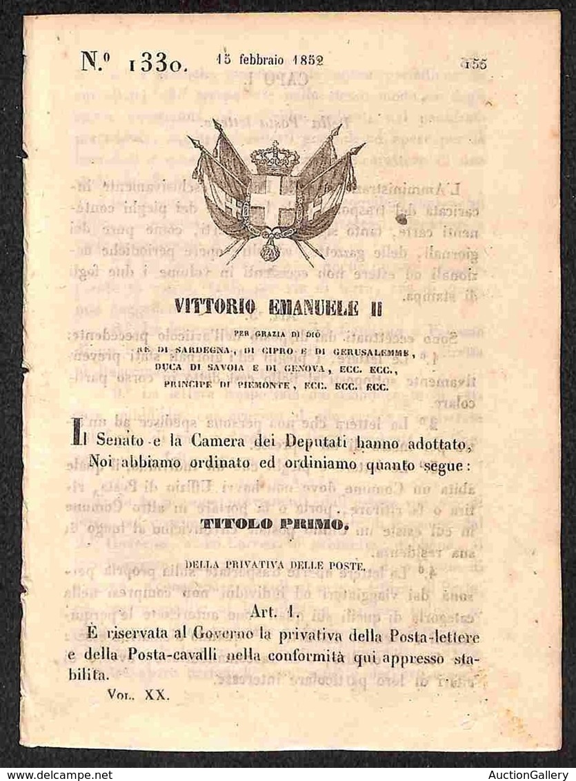 ANTICHI STATI ITALIANI - Sardegna - 1852 (15 Febbraio) - Privativa Delle Poste Lettere E Della Posta Cavalli - Decreto 1 - Autres & Non Classés