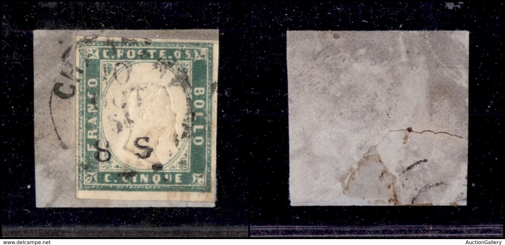 ANTICHI STATI ITALIANI - Sardegna - 1855 - 5 Cent (13c - Verde Pisello) Usato Su Frammento (4.750) - Other & Unclassified