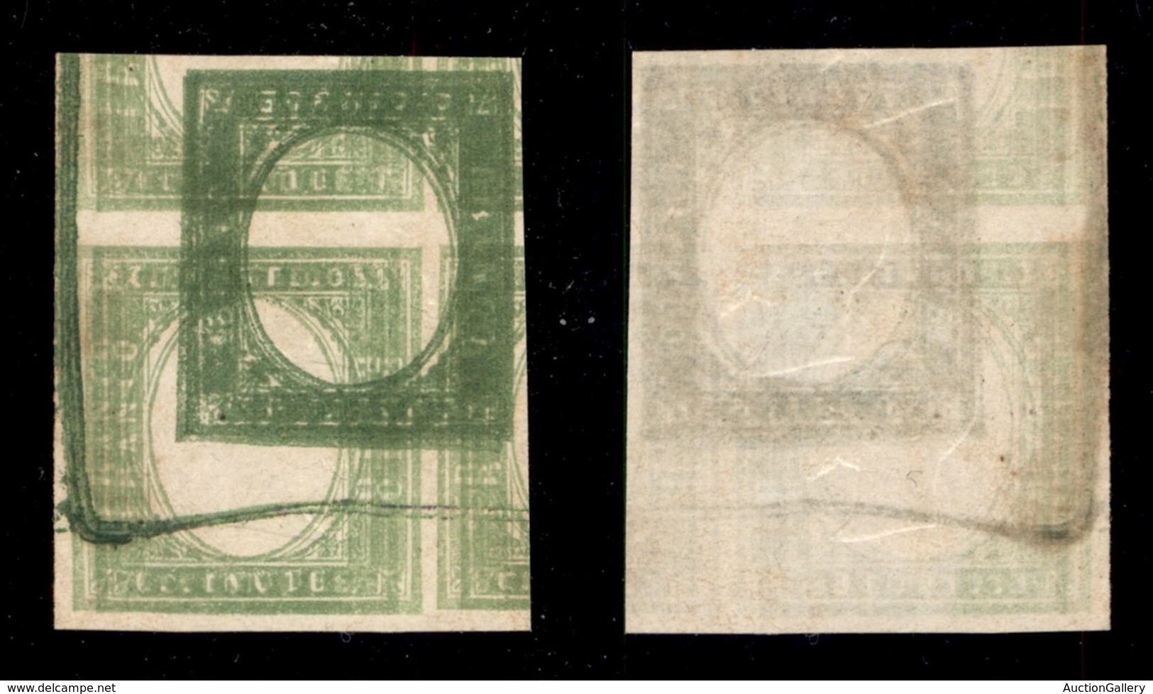ANTICHI STATI ITALIANI - Sardegna - 1863 - 5 Cent Verde Chiaro (13Eb) Con Parte Di 3 Vicini + 5 Cent Verde Cupo (13Ea) - - Autres & Non Classés