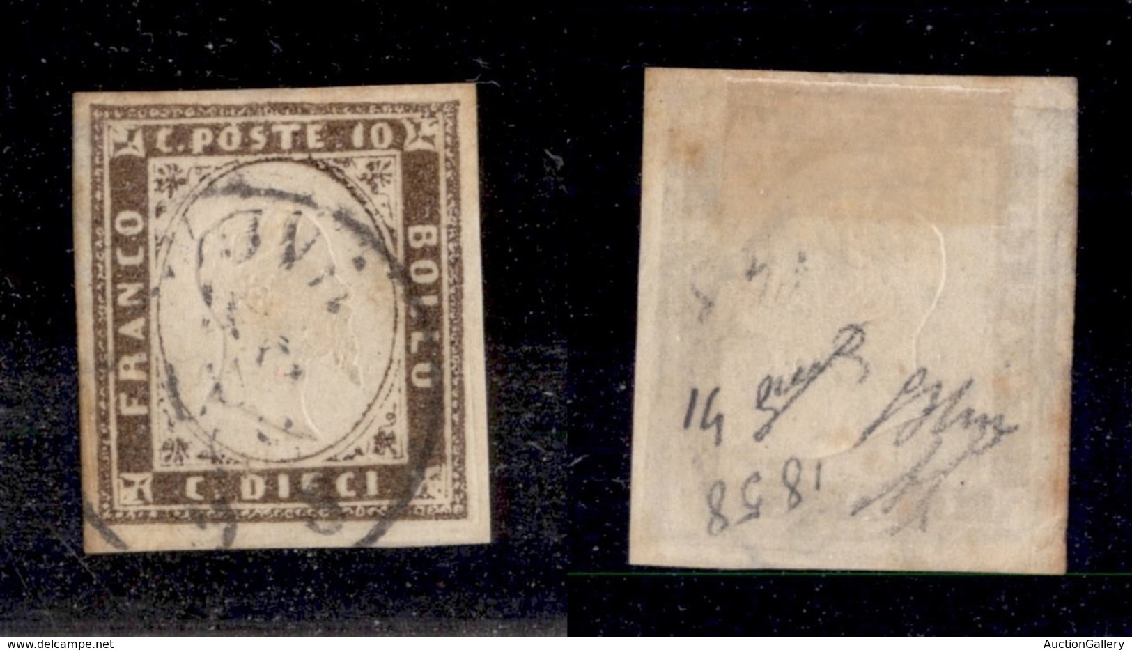 ANTICHI STATI ITALIANI - Sardegna - 1858 - 10 Cent (14) Usato - Oliva + Diena (700) - Sonstige & Ohne Zuordnung