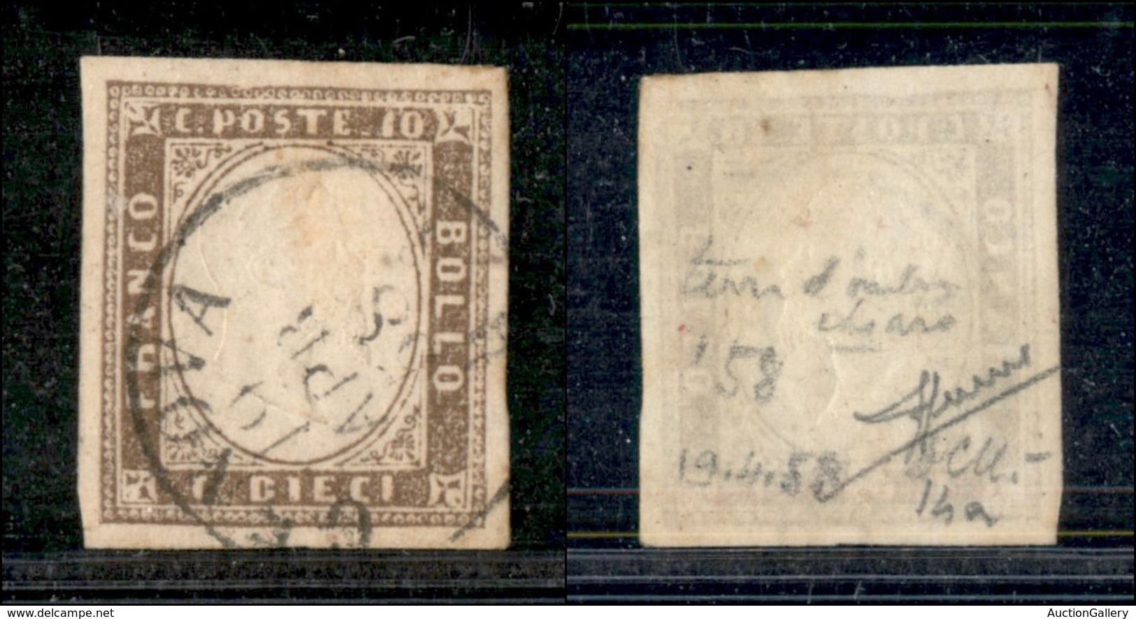 ANTICHI STATI ITALIANI - Sardegna - 1858 - 10 Cent (14a - Terra D'ombra Chiaro) Usato A Genova - Sorani (850) - Autres & Non Classés