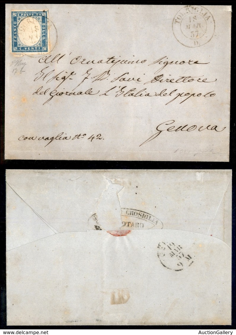 ANTICHI STATI ITALIANI - Sardegna - Torriglia (P.ti 12) Su 20 Cent (15f) Ben Marginato - Lettera Per Genova Del 18.3.57  - Other & Unclassified