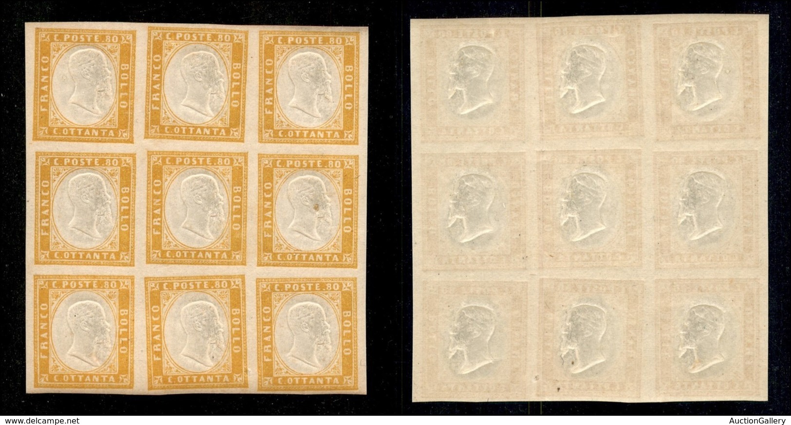 ANTICHI STATI ITALIANI - Sardegna - 1861 - 80 Cent (17C) - Blocco Di 9 - Gomma Integra - Other & Unclassified