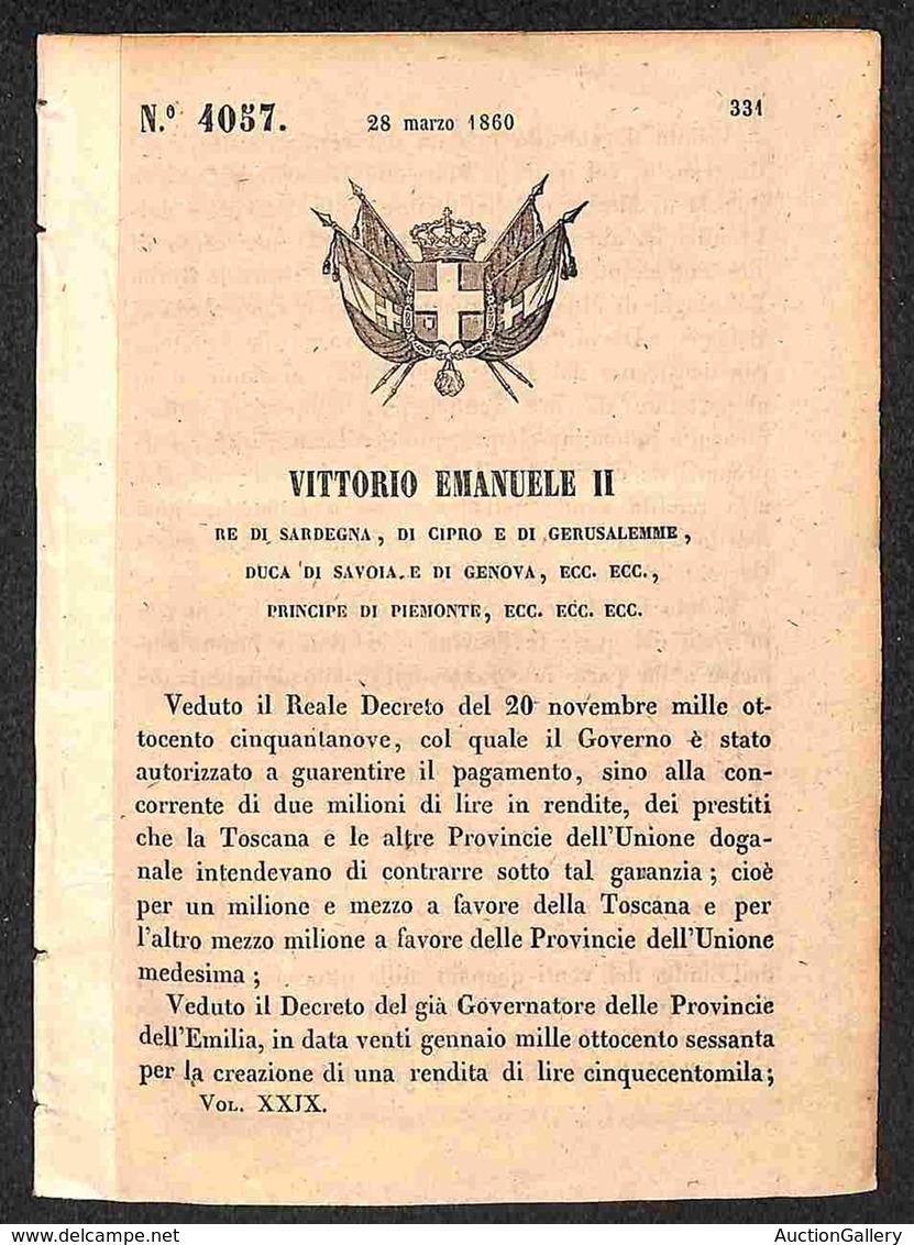 ANTICHI STATI ITALIANI - Sardegna - 1860 (28 Marzo) - R Decreto 4057 - Emissione Del Debito Delle Province Dell'Emilia E - Autres & Non Classés