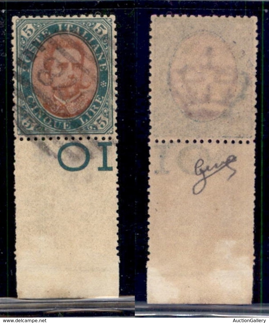 REGNO - 1889 - 5 Lire (49) Bordo Foglio - Usato - Molto Bello - Biondi + Cert AG (2500+) - Other & Unclassified