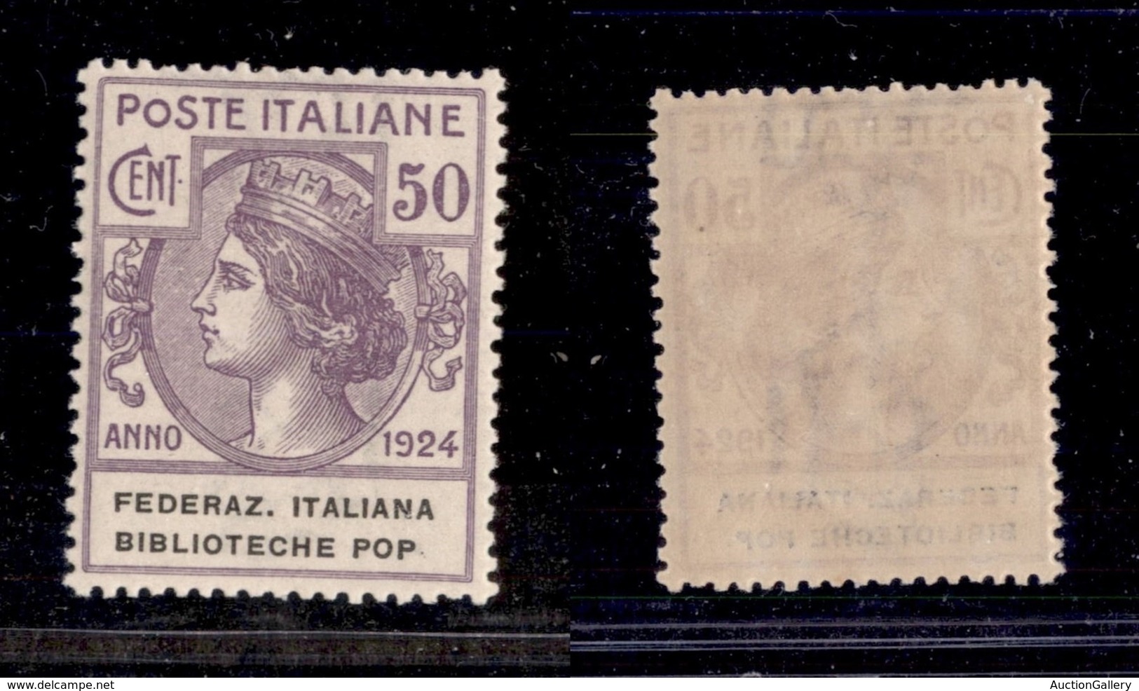 REGNO - 1924 - 50 Cent Biblioteche Pop. (36b) Senza Punto Dopo Pop - Gomma Integra - Ben Centrato - Cert. AG - Autres & Non Classés