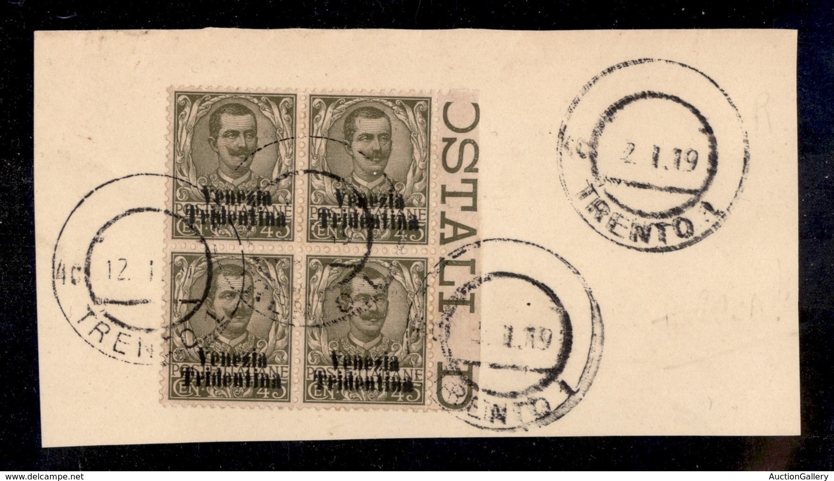 OCCUPAZIONI I GUERRA MONDIALE - Trentino-Alto Adige - 1918 - Tripla Soprastampa - 45 Cent (25) In Quartina Su Frammento  - Autres & Non Classés