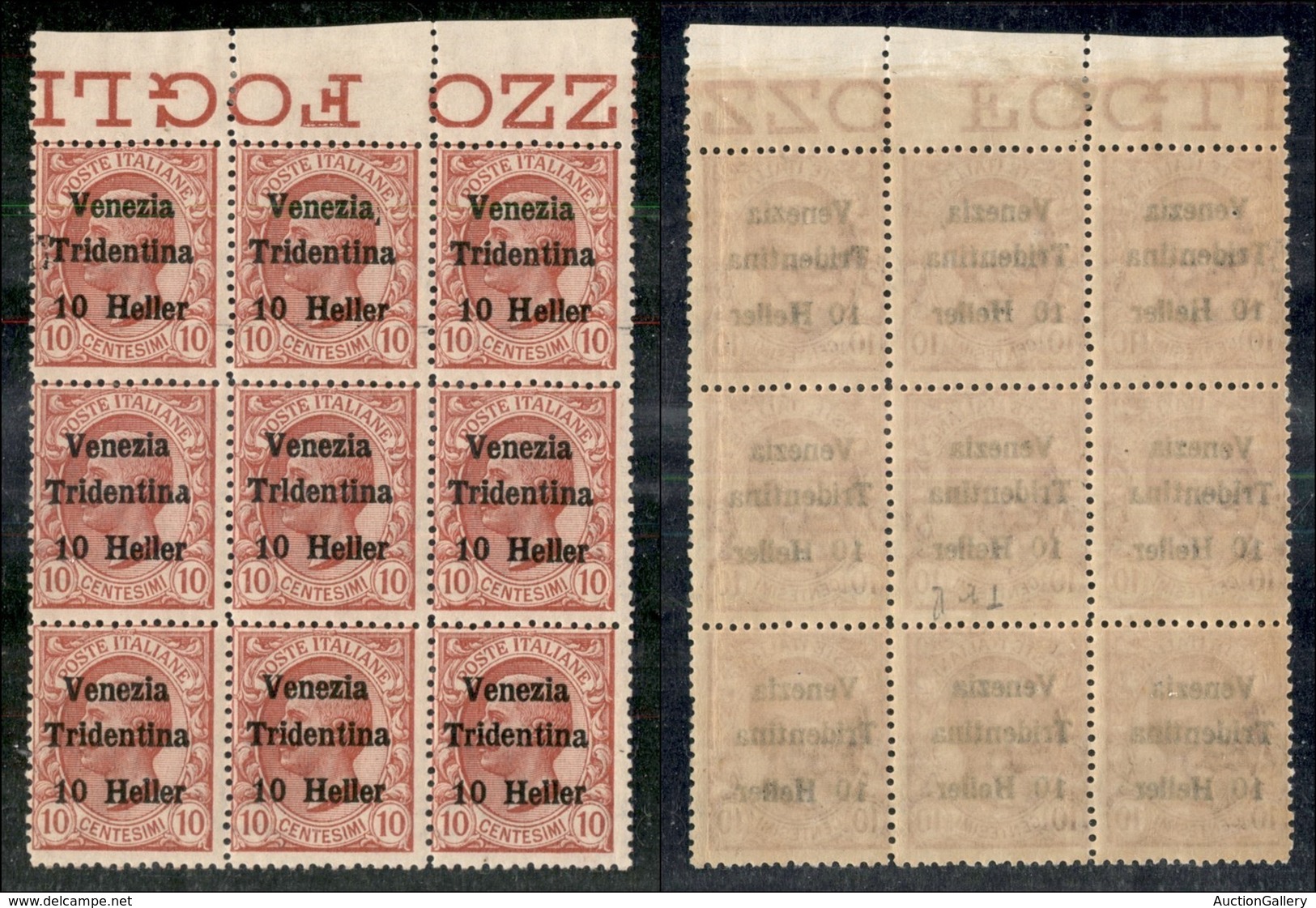 OCCUPAZIONI I GUERRA MONDIALE - Trentino-Alto Adige - 1918 - 10 Heller Su 10 Cent Leoni (29 X8 + 29c) - Blocco Di 9 Bord - Autres & Non Classés