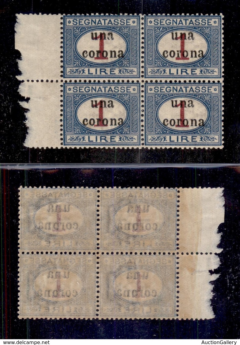 OCCUPAZIONI I GUERRA MONDIALE - Trento E Trieste - 1919 - 1 Corona Su 1 Lira (7) - Quartina Bordo Foglio - Gomma Integra - Autres & Non Classés