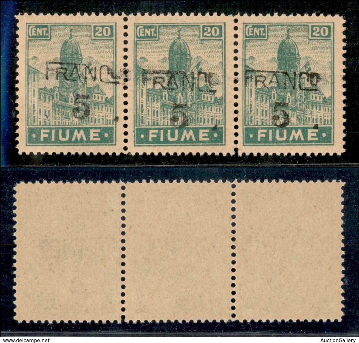 OCCUPAZIONI I GUERRA MONDIALE - Fiume - 1919 - Franco 5 Su 20 Cent (A 75 Cba) - Striscia Di Tre Con Soprastampe Oblique  - Other & Unclassified