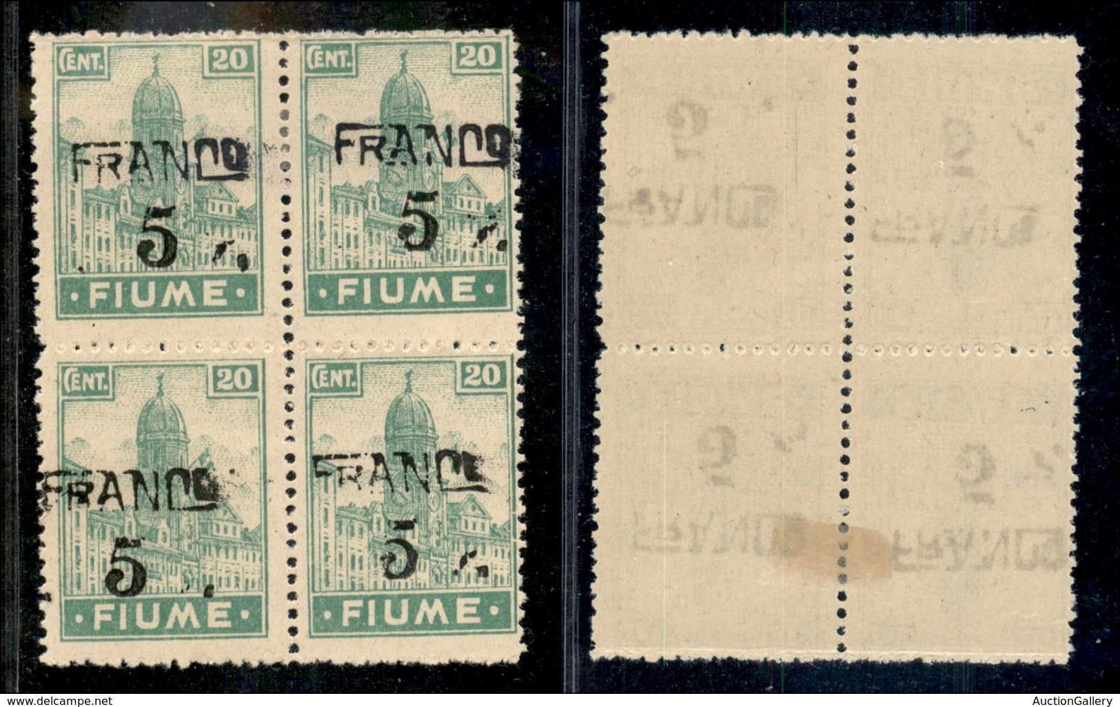 OCCUPAZIONI I GUERRA MONDIALE - Fiume - 1919 - Franco 5 Su 20 Cent (C75) - Quartina - Soprastamp Spostate (oblique In Ba - Autres & Non Classés