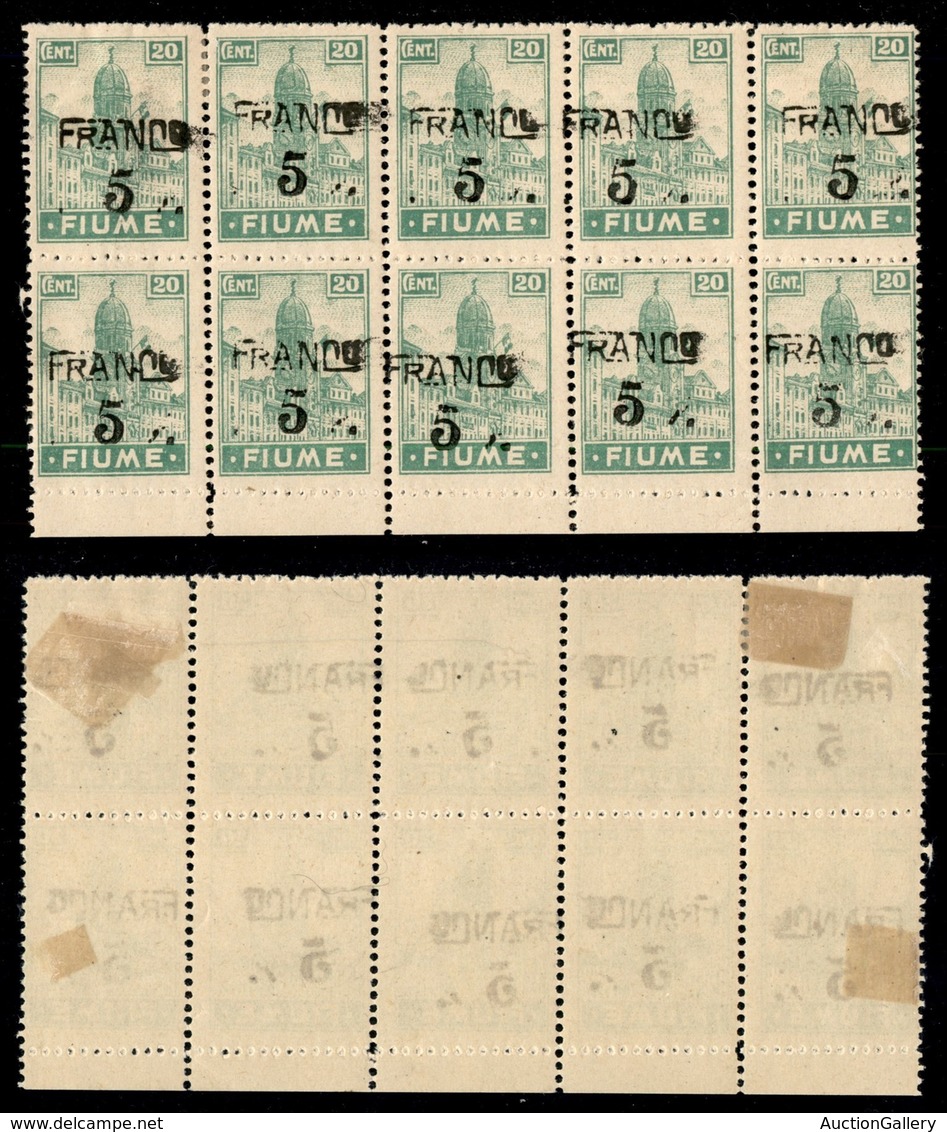 OCCUPAZIONI I GUERRA MONDIALE - Fiume - 1919 - Franco 5 Su 20 Cent (C75 - Varietà) - Blocco Di 10 Con Soprastampe Disall - Other & Unclassified