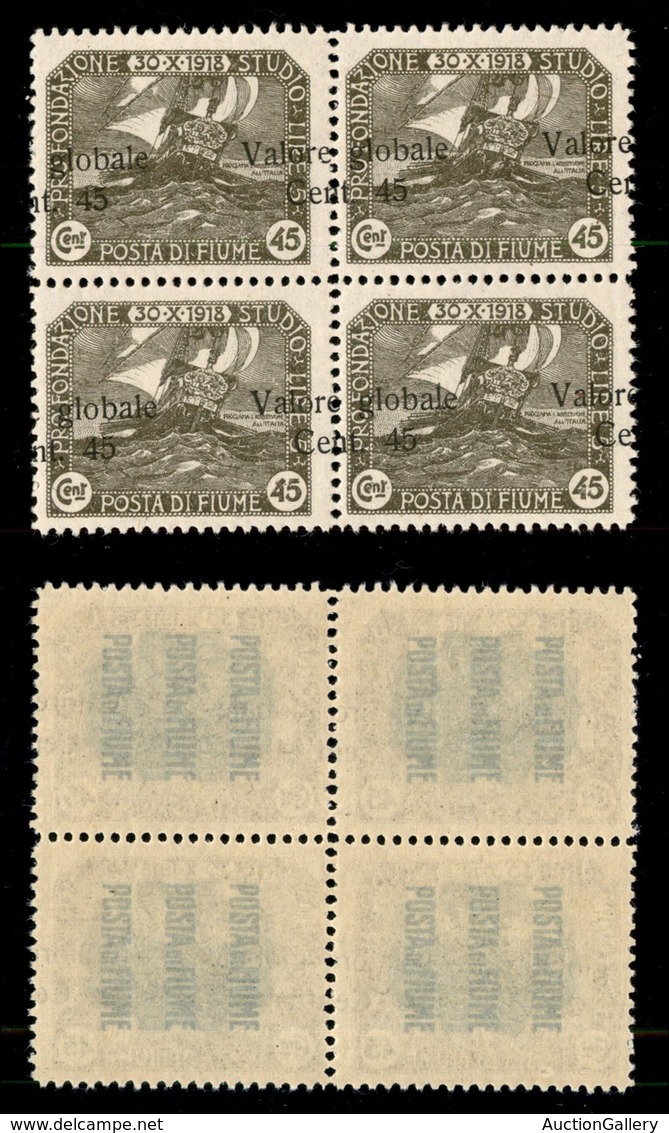 OCCUPAZIONI I GUERRA MONDIALE - Fiume - 1920 - 45 Su 45 Cent Valore Globale (104 I) - Quartina Con Soprastampe Oblique - - Other & Unclassified