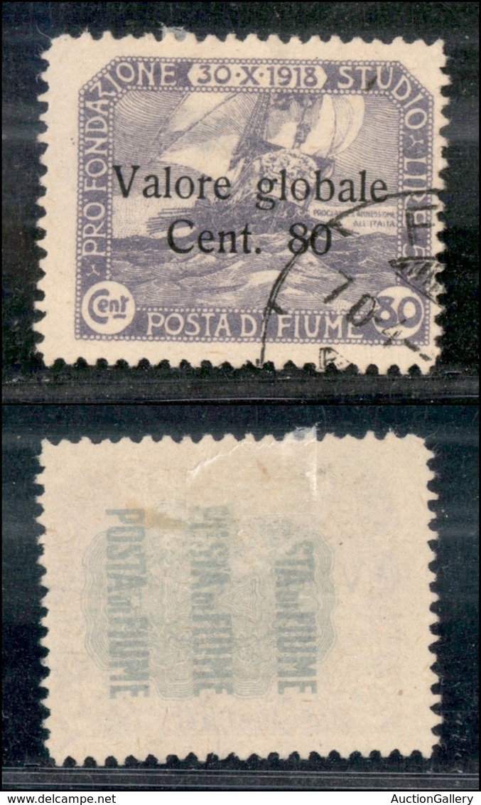 OCCUPAZIONI I GUERRA MONDIALE - Fiume - 1920 - 60 Cent Valore Globale (106 A - Violetto) - Usato - Cert. AG (600) - Other & Unclassified