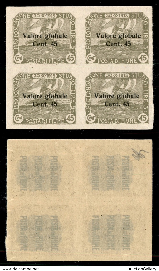 OCCUPAZIONI I GUERRA MONDIALE - Fiume - 1920 - 45 Su 45 Cent Valore Globale (112 D) - Quartina Non Dentellata - Gomma Or - Other & Unclassified