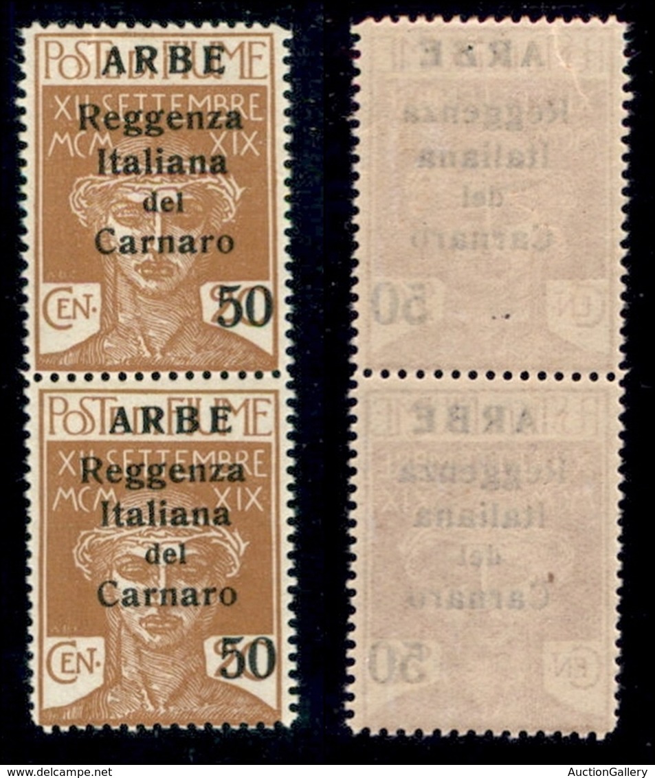 OCCUPAZIONI I GUERRA MONDIALE - Arbe - 1920 - 50 Cent Su 20 (9) - Coppia Verticale - Gomma Integra (600) - Other & Unclassified