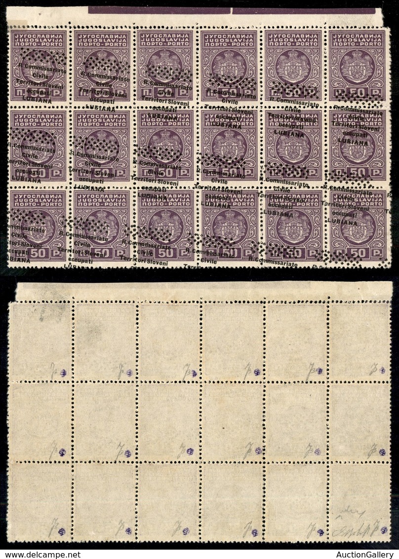 OCCUPAZIONI II GUERRA MONDIALE - Lubiana - 1941 - 50 Para (6 D) - Blocco Di 18 Con Soprastampa Obliqua - Gomma Originale - Other & Unclassified