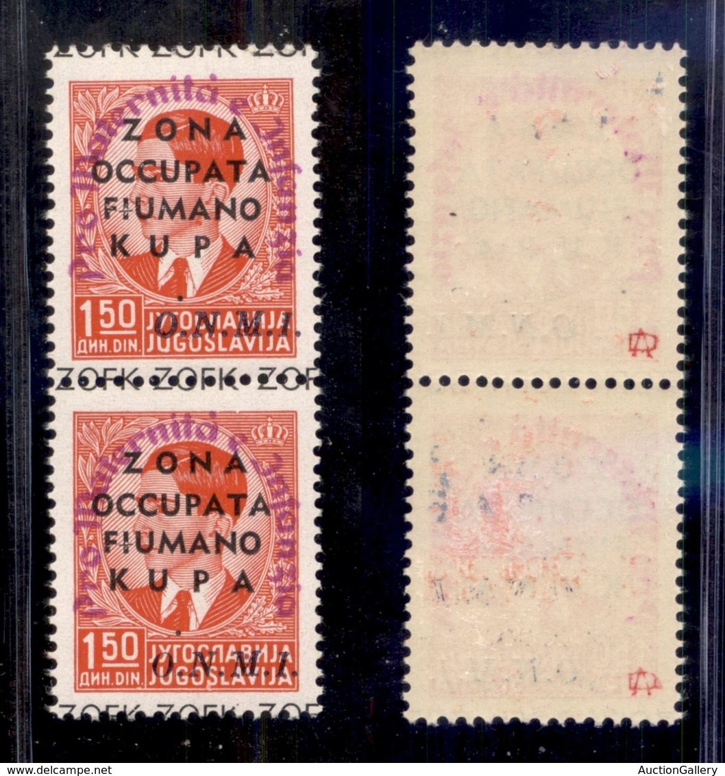 OCCUPAZIONI II GUERRA MONDIALE - Zona Fiumano Kupa - 1942 - 1,50 Din ONMI (41 - Violetto) - Coppia Verticale - Gomma Int - Autres & Non Classés