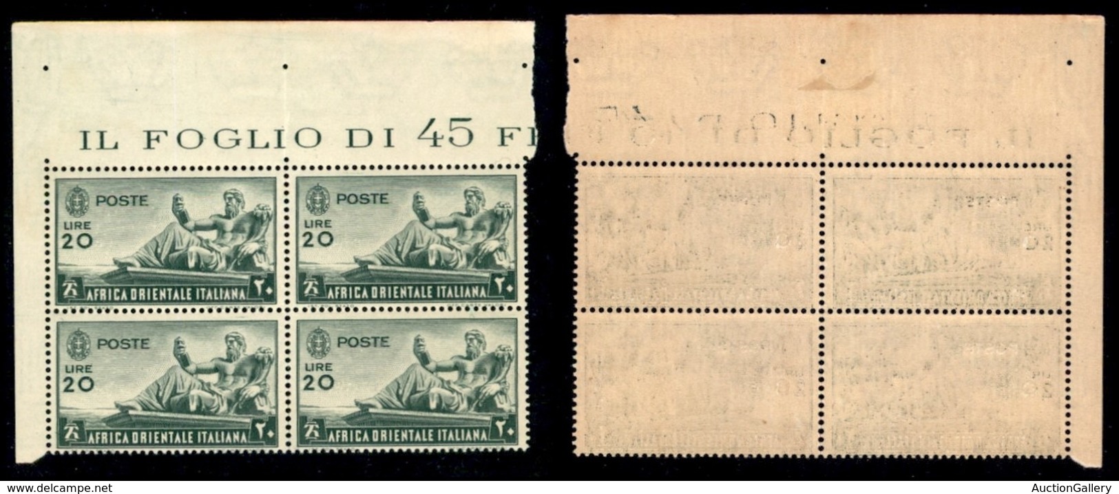 COLONIE - Africa Orientale Italiana - 1938 - 20 Lire (20) - Quartina Angolare - Gomma Integra - Dentellatura Verticale C - Autres & Non Classés