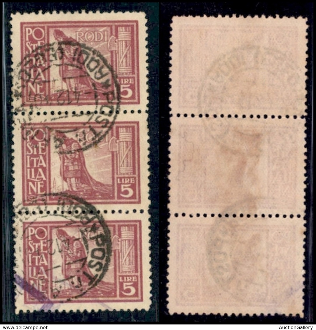 COLONIE - Egeo - Emissioni Generali - 1929 - 5 Lire Pittorica (10) - Striscia Di 3 Usata (750+) - Sonstige & Ohne Zuordnung