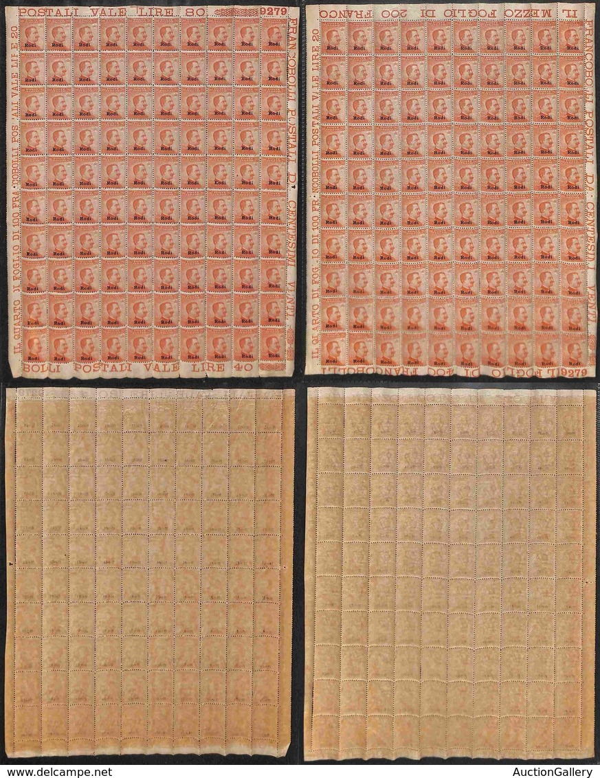 COLONIE - Egeo - Rodi - 1918 - Due Interi Fogli Del 20 Cent (12) Uno Con Filigrana Lettere - Gomma Integra (4000++) - Autres & Non Classés