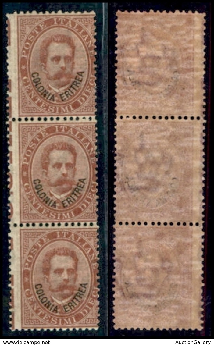 COLONIE - Eritrea - 1893 - 10 Cent Umberto (4 Varietà) - Striscia Di Tre Con Dentellatura Verticale Spostata (con Parte  - Autres & Non Classés