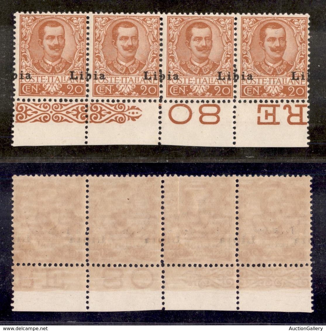 COLONIE - Libia - 1912 - 20 Cent (16pb) - Striscia Di Quattro Con Soprastampa Spostata (b A Cavallo) - Gomma Integra - C - Other & Unclassified