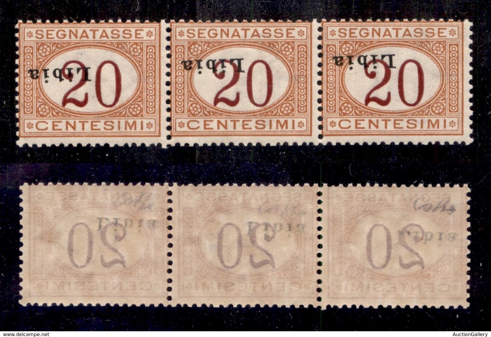 COLONIE - Libia - 1915 - 20 Cent (3c) - Striscia Di Tre Con Soprastampe Capovolte E Oblique - Gomma Integra - Cert. Coll - Other & Unclassified