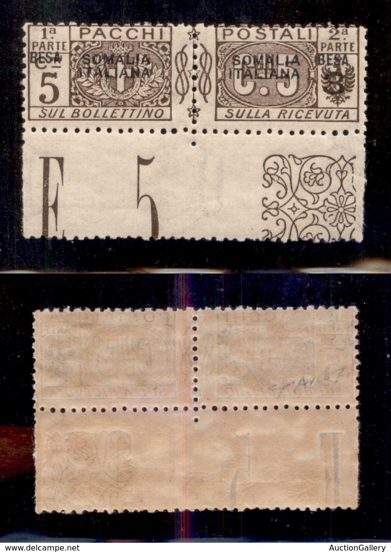 COLONIE - Somalia - 1923 - 3 Besa U 5 Cent Pacchi Postali (21b) - Bordo Foglio - Senza Cifra A Sinistra - Gomma Integra  - Other & Unclassified