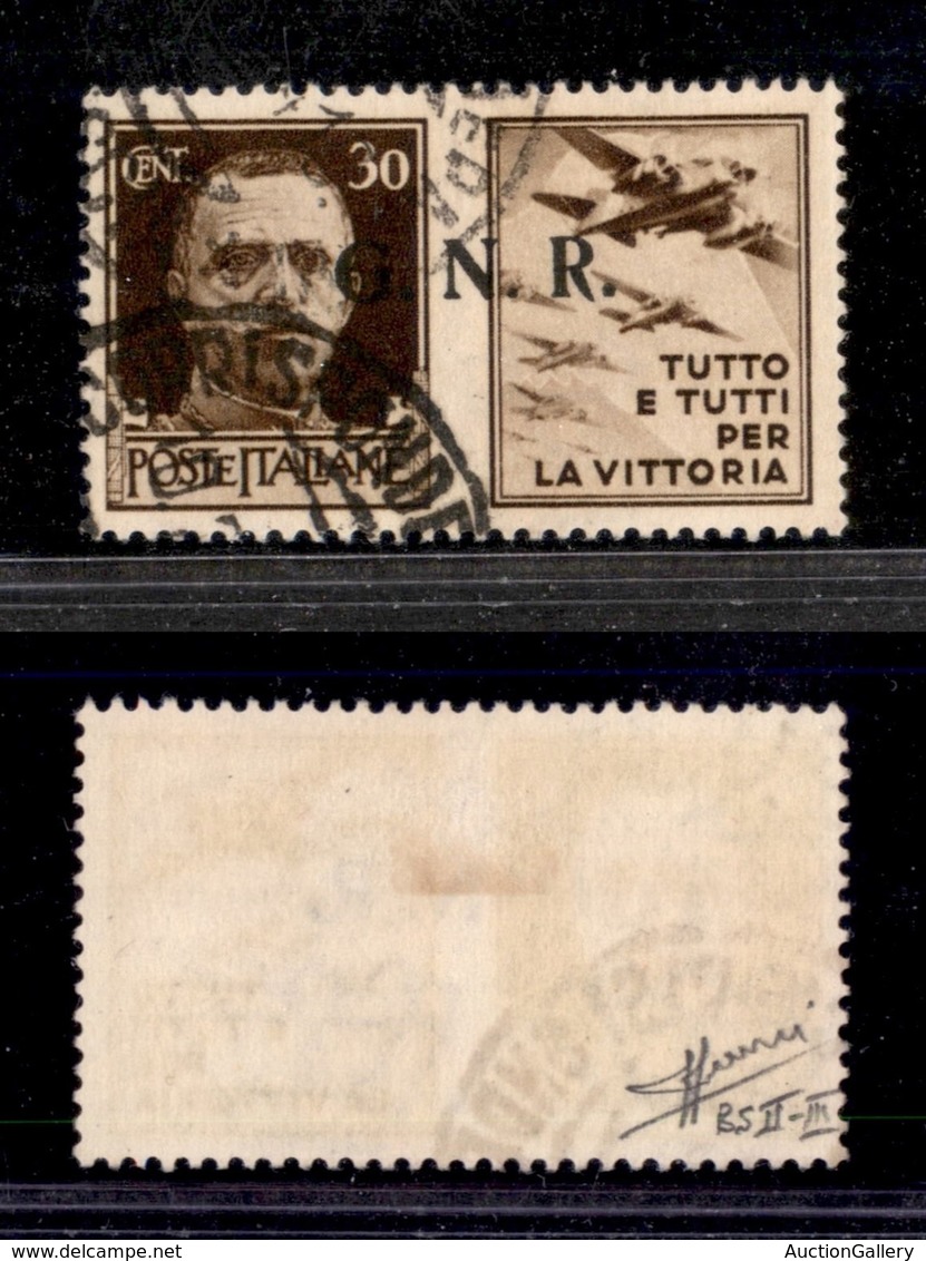 RSI - G.N.R. Brescia - 1943 - 30 Cent Aviazione (19/Ia-R Terzo) Usato - Cert. Sorani - Autres & Non Classés