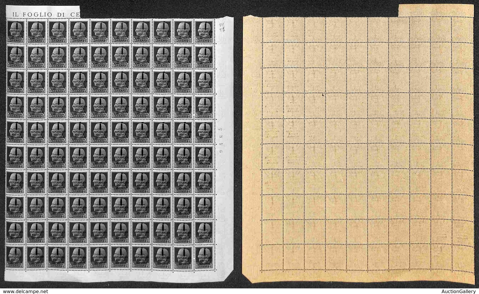 RSI - 1944 - Intero Foglio Di 100 Esemplari Del 25 Cent (491) - Tiratura Di Verona Tav. 1 Con Le Varietà Tipografiche Ti - Autres & Non Classés