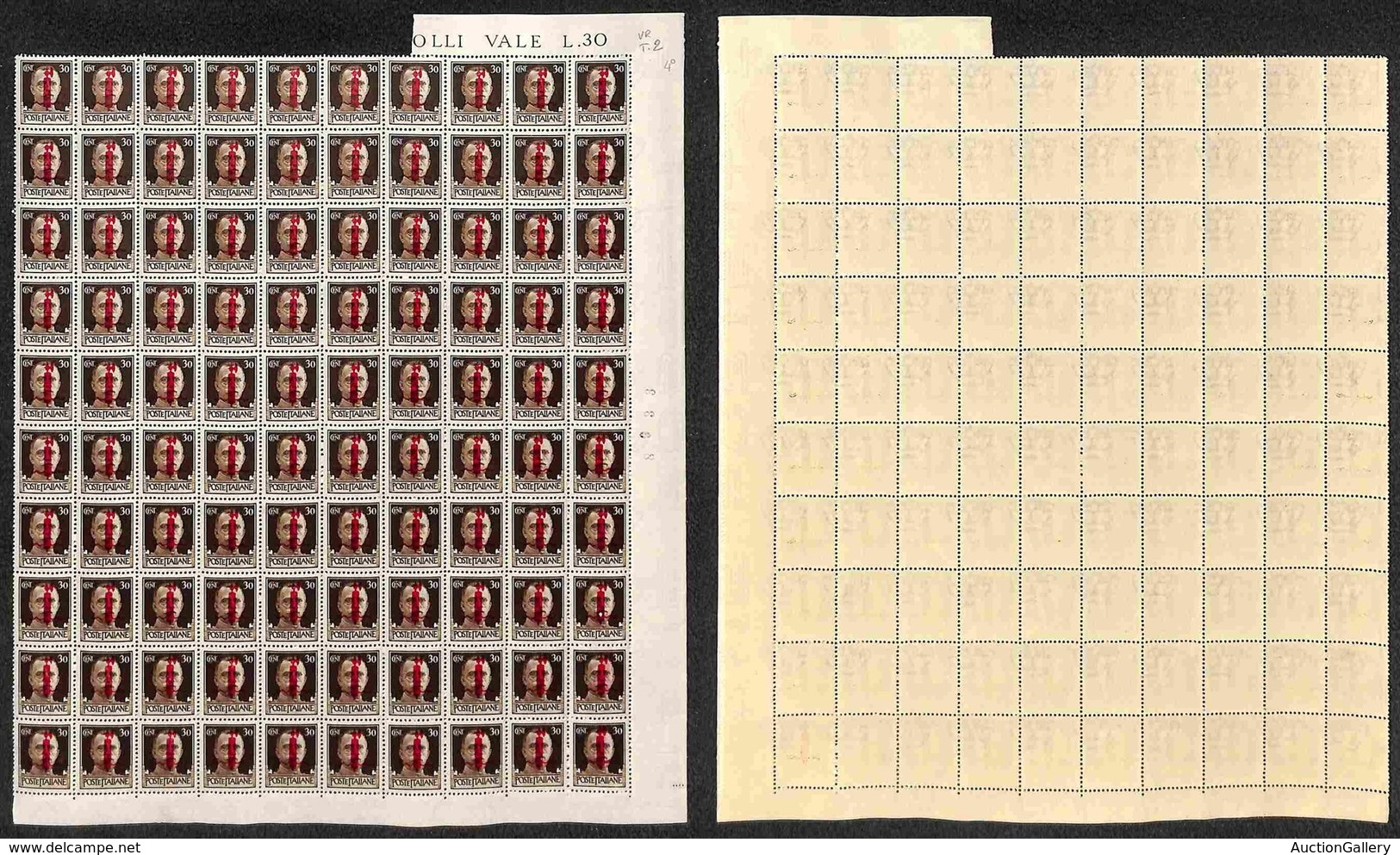 RSI - 1944 - Intero Foglio Di 100 Esemplari Del 30 Cent (492) - Tiratura Di Verona Tav. 2 Con Le Varietà Tipografiche Ti - Autres & Non Classés