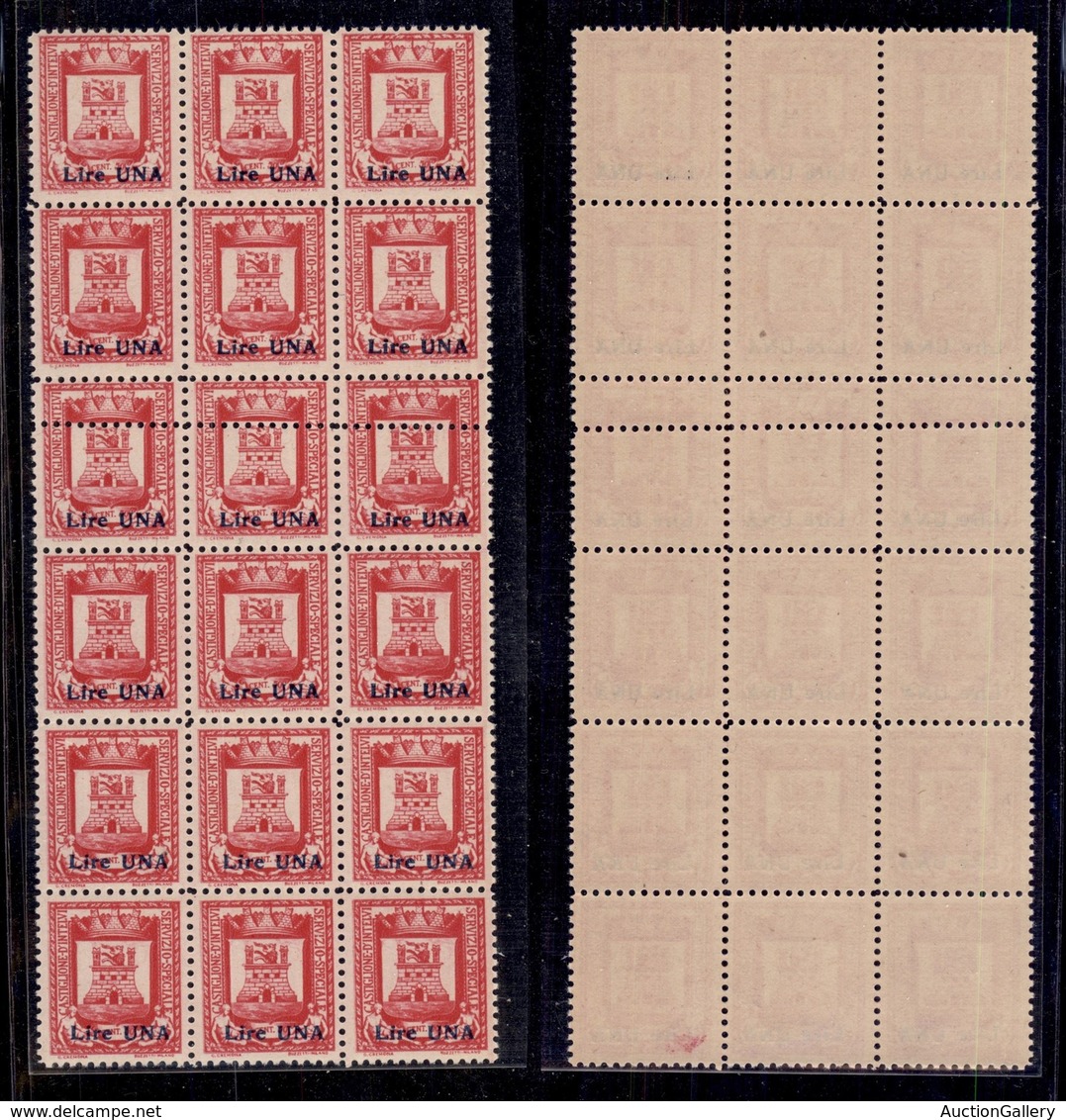 EMISSIONI LOCALI - Castglione D'Intelvi - 1945 - 1 Lira Su 50 Cent (19/19cc) - Blocco Di 18 Con Doppia Dentellatura (obl - Autres & Non Classés