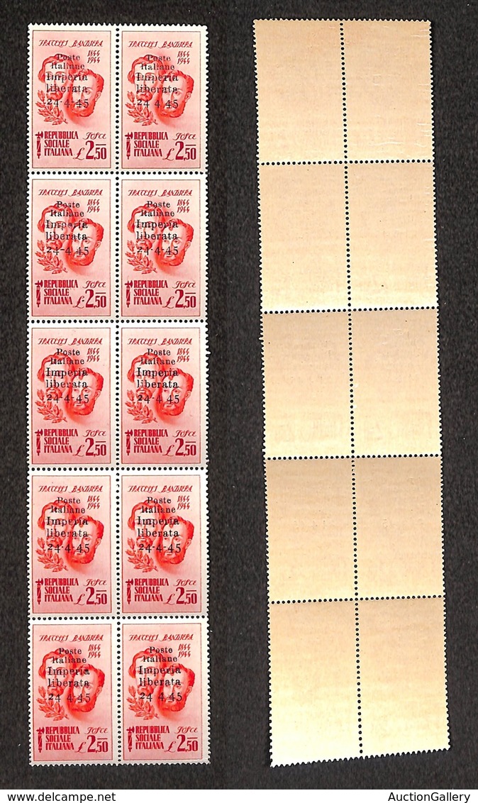 C.L.N. - Imperia - 1945 - 2.50 Lire Bandiera (15) - Blocco Verticale Di 10 - Notati Gli Errori 15b + 15c (due) + 15d (du - Autres & Non Classés