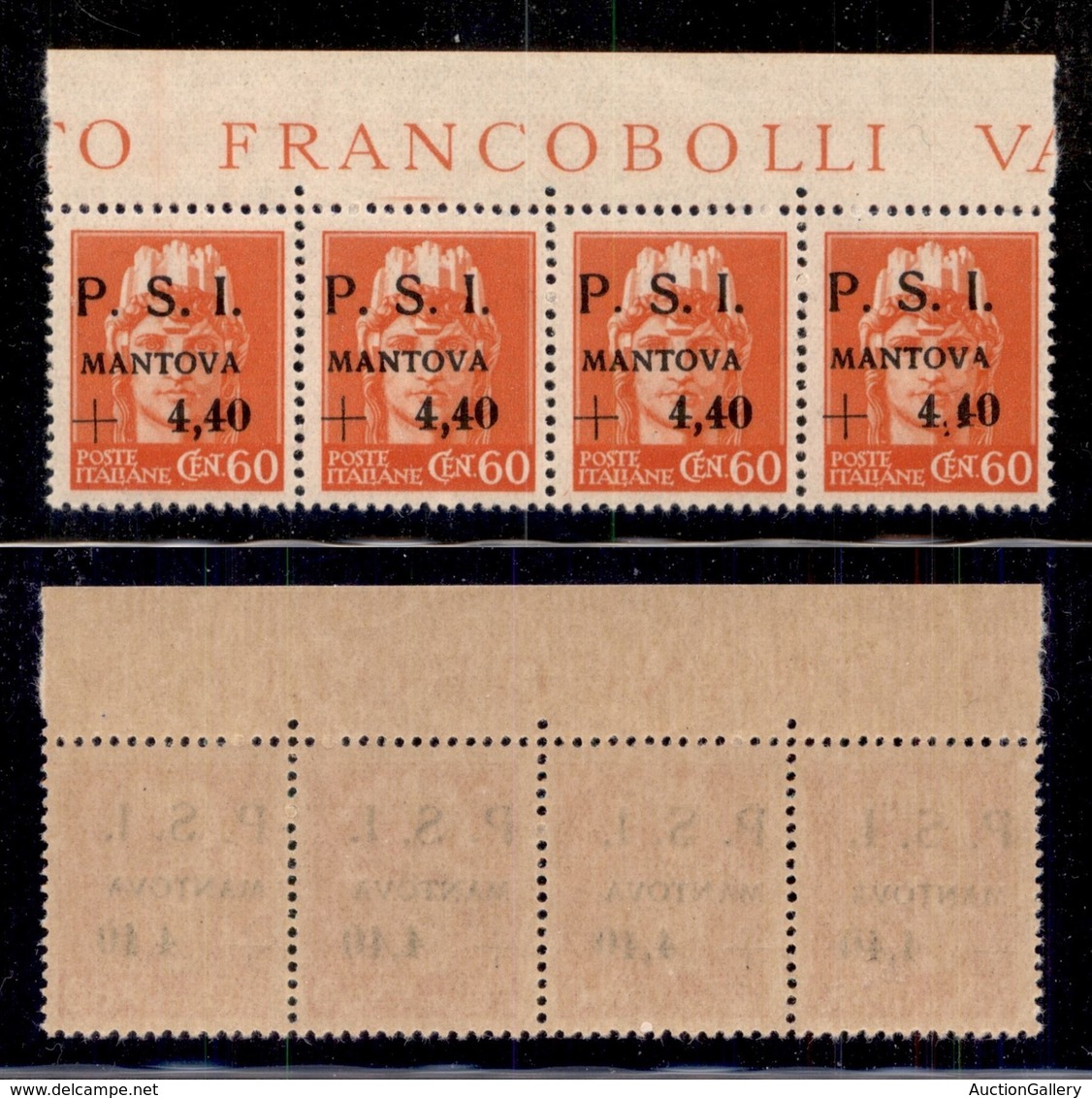 C.L.N. - Mantova - 1945 - 60 Cent + 4,40 Lire (5) - Striscia Orizzontale Di Quattro Bordo Foglio Con Punti Diversi Dopo  - Other & Unclassified