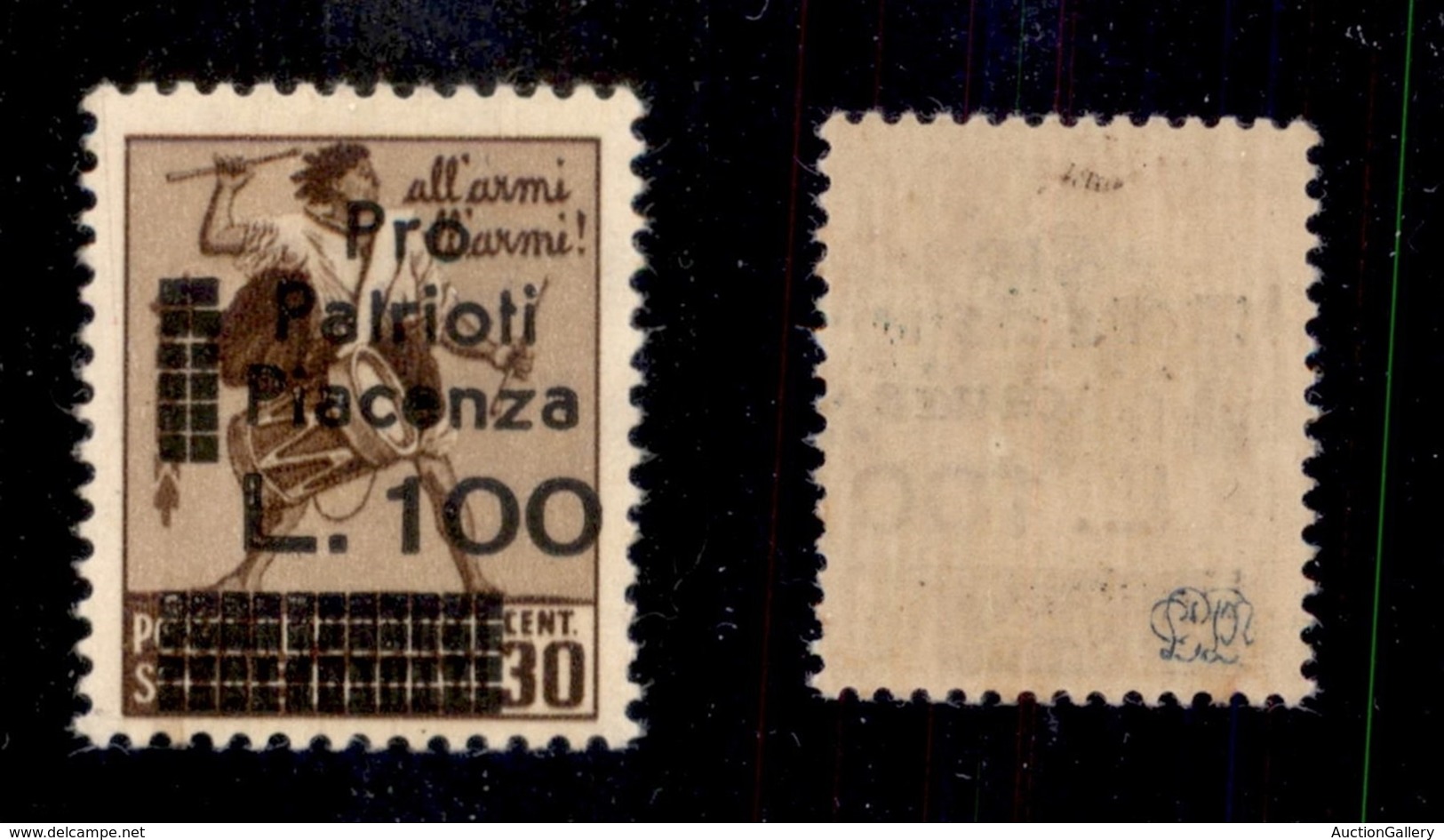 C.L.N. - Piacenza - 1945 - 100 Lire Su 30 Cent Tamburino Con Filigrana - Gomma Integra - Non Catalogato - Cert. AG - Autres & Non Classés