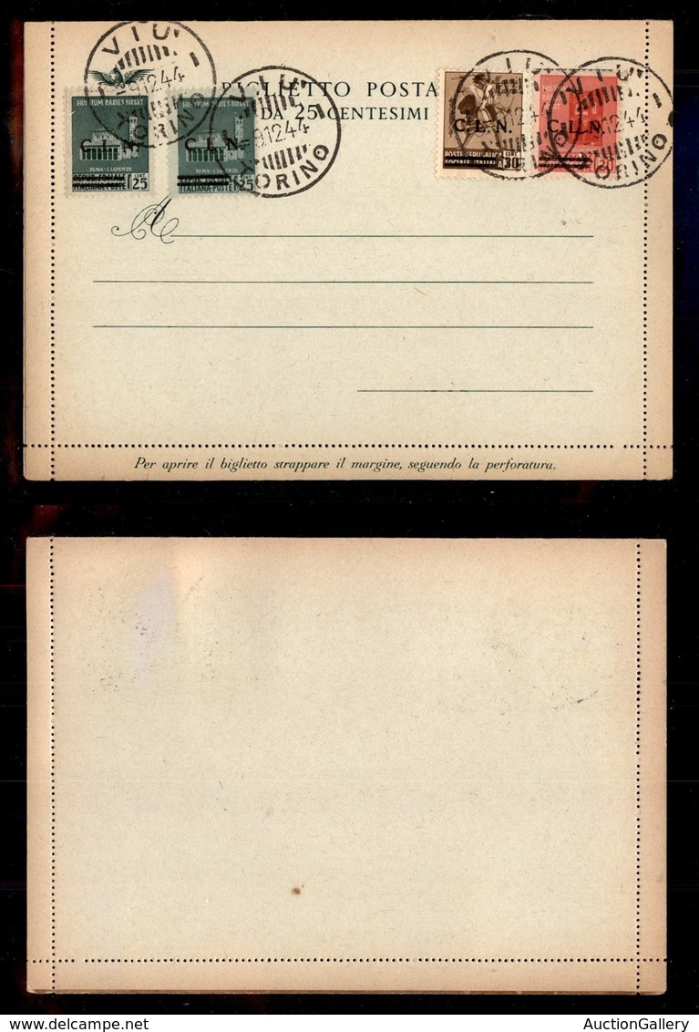 C.L.N. - Torino - 1944 - 20 Cent (CEI 10) + Due 25 Cent (CEI 11) + 30 Cent (CEI 12) Su Biglietto Postale RSI Ricoperto - - Altri & Non Classificati
