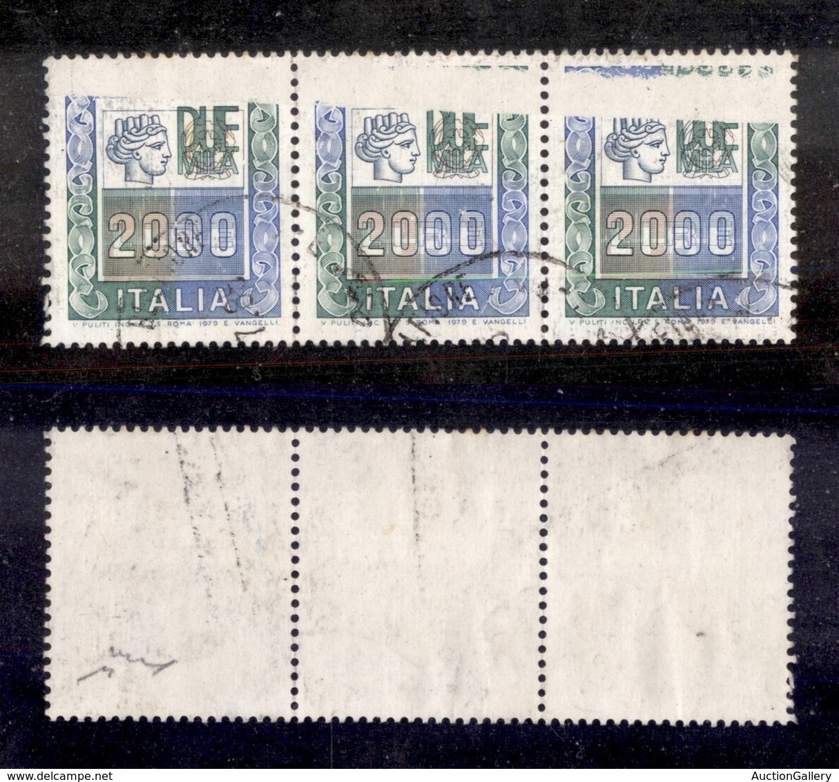 REPUBBLICA - 1979 - 2000 Lire (1439) - Striscia Di Tre Con Stampe Mancanti In Alto - Chiavarello - Autres & Non Classés
