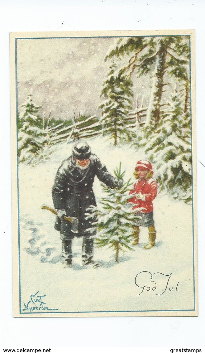 Christmas Greetings Postcard. Artiste Cp Nyström, Curt, Stockholm Tree Cutting  Unused - Other & Unclassified