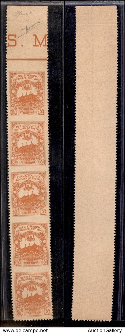 SAN MARINO - Saggi - 1916 - 10 Cent + 5 Croce Rossa (50B CEI) - Striscia Verticale Di Cinque Bordo Foglio Dentellata In  - Autres & Non Classés