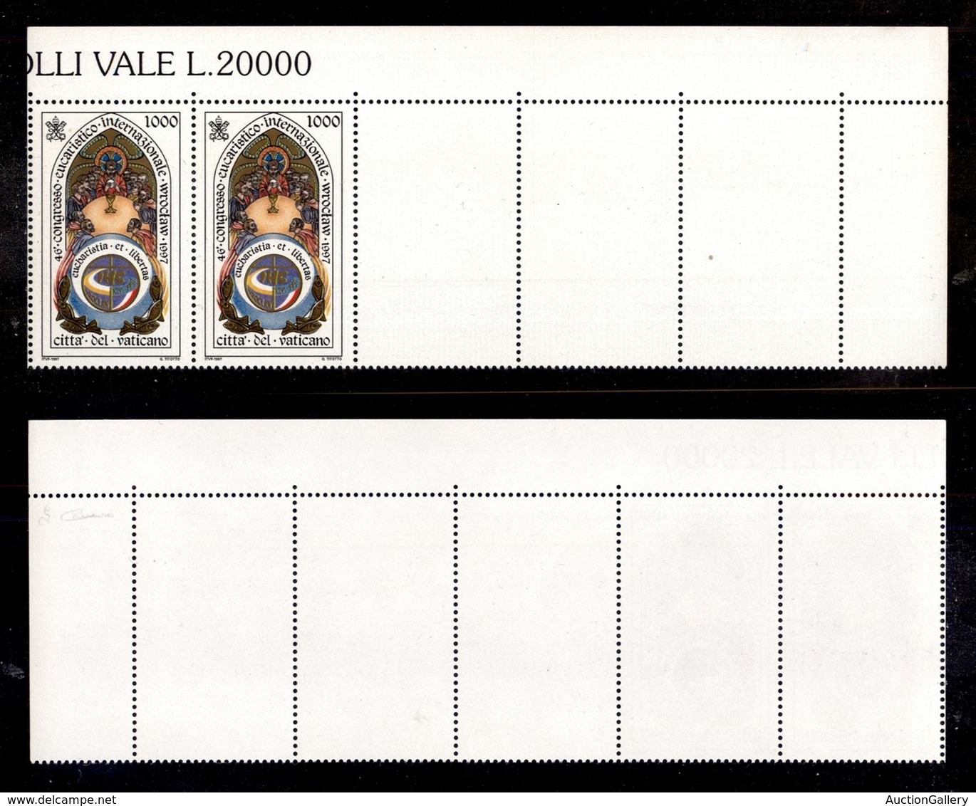 VATICANO - 1997 - 1000 Lire Congresso Eucaristico (1086a) - Striscia Angolare Di Cinque Bordo Foglio Con 3 Pezzi Senza S - Other & Unclassified