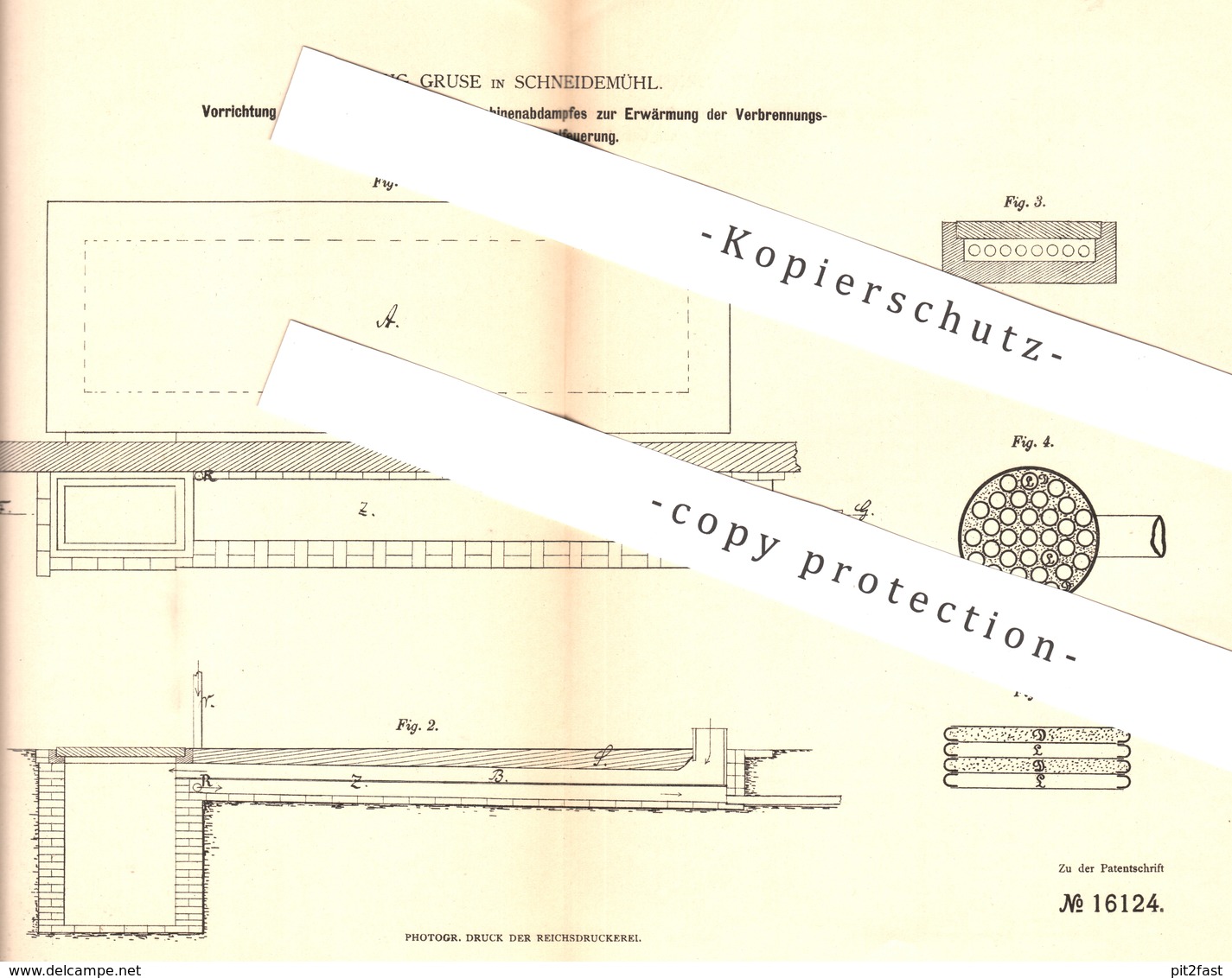 Original Patent - Aug. Gruse , Schneidemühl , 1881 , Verbrennungsluft In Dampfkessel - Feuerung | Dampfmaschine , Kessel - Historische Documenten
