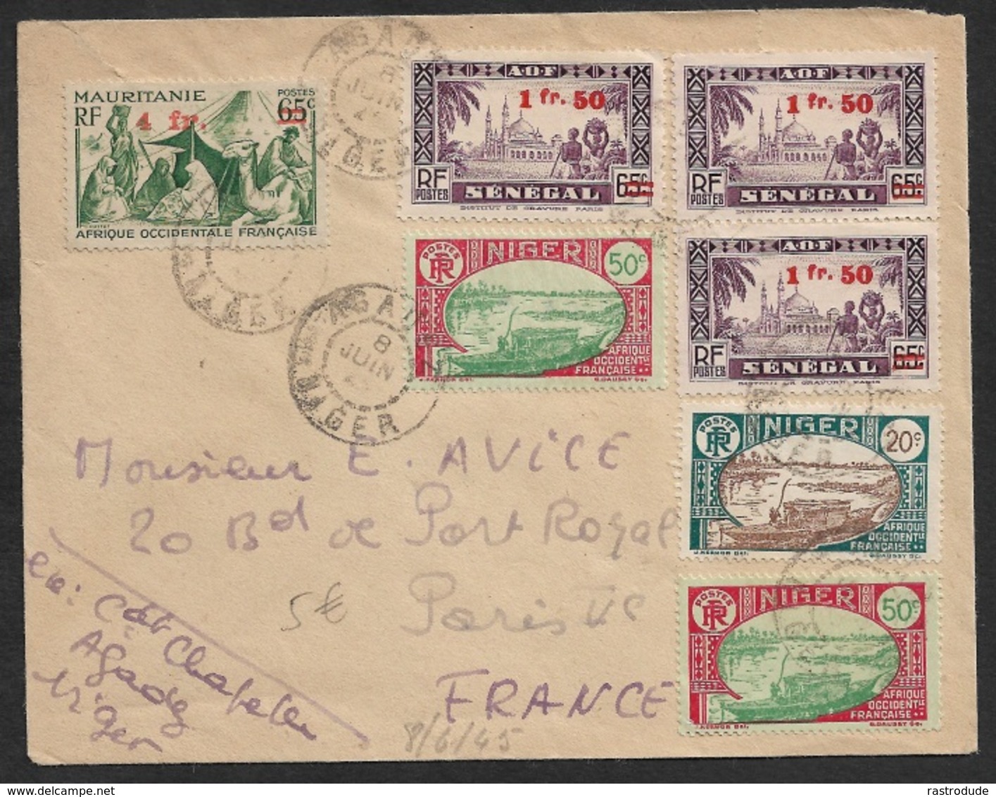 1945 - Affranchissement Mixte NIGER A FRANCE - 1,20F Niger - 4,50F Senegal - 4F Mauritanie - Rare - Storia Postale