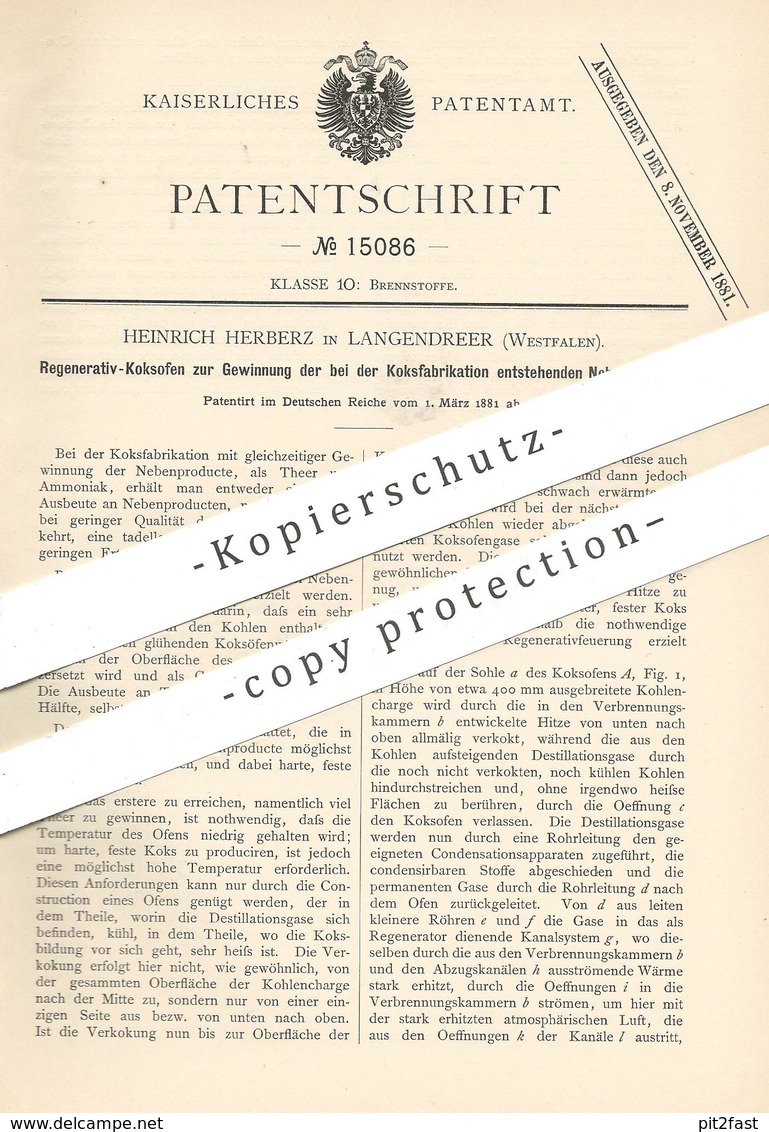 Original Patent - Heinrich Herberz , Langendreer , Westfalen , 1881 , Koksofen | Koks , Kohle , Brennstoff , Koksfabrik - Historische Dokumente