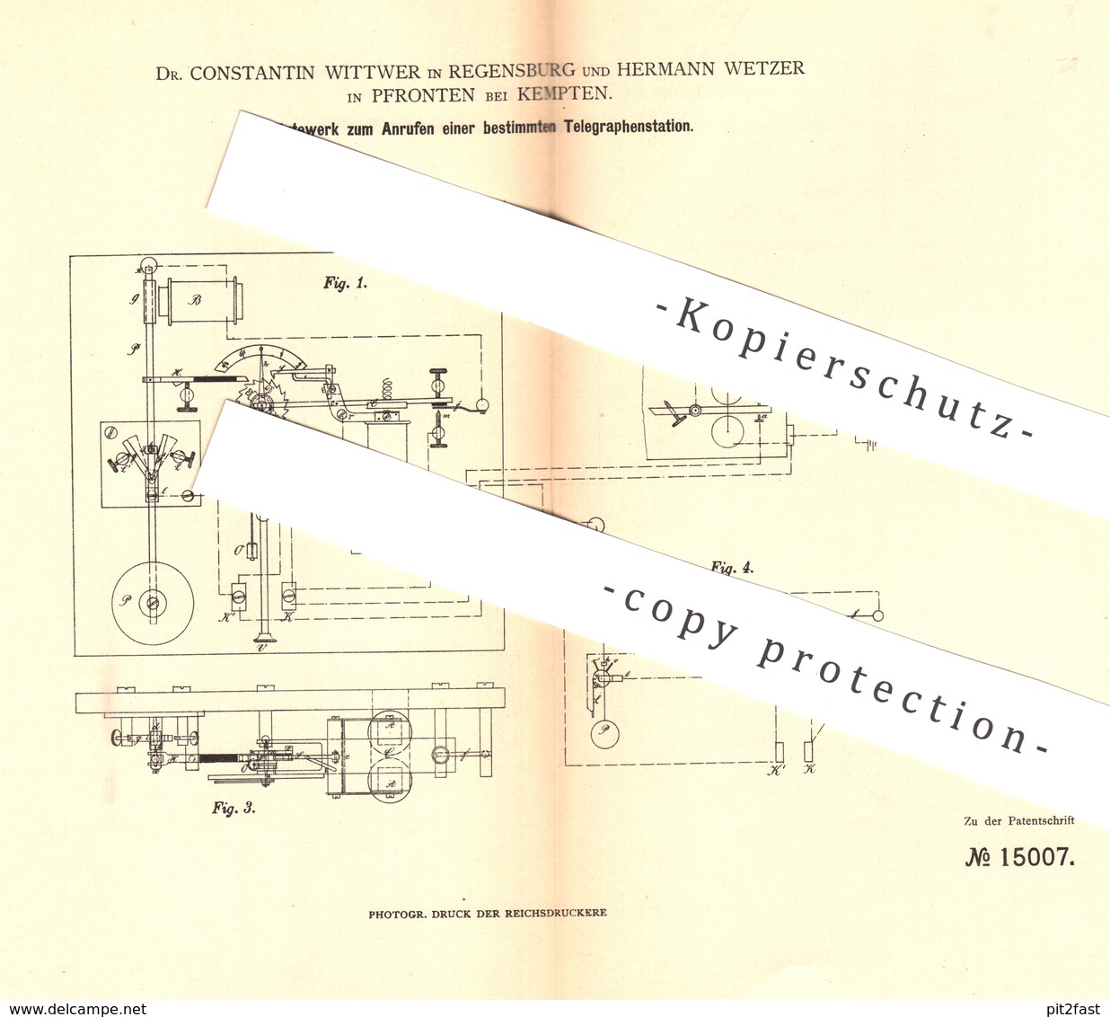 Original Patent - Dr. Constantin Wittwer , Regensburg | Hermann Wetzer , Pfronten / Kempten 1880 | Läutewerk | Telegraph - Historische Dokumente