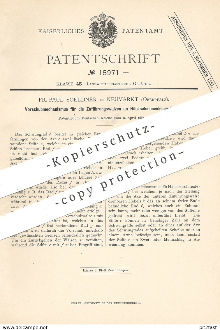 Original Patent - Fr. Paul Soeldner , Neumarkt , Oberpfalz , 1881 | Vorschub Der Walzen An Häckselschneidemaschine !!! - Historische Dokumente