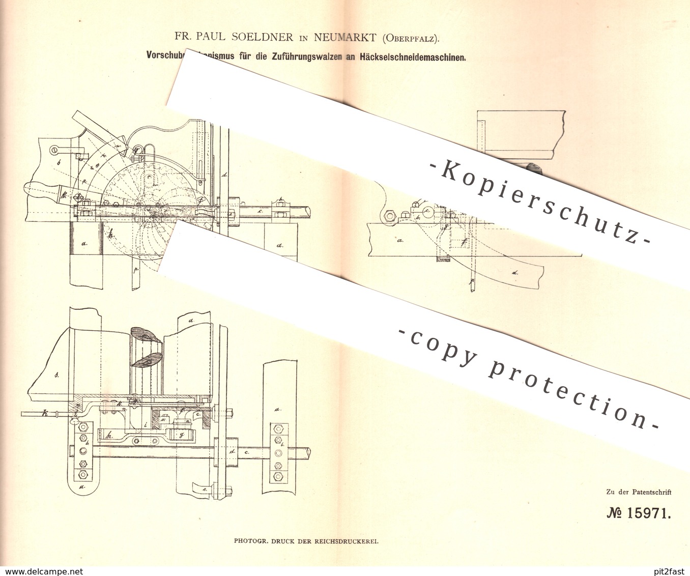 Original Patent - Fr. Paul Soeldner , Neumarkt , Oberpfalz , 1881 | Vorschub Der Walzen An Häckselschneidemaschine !!! - Historische Dokumente