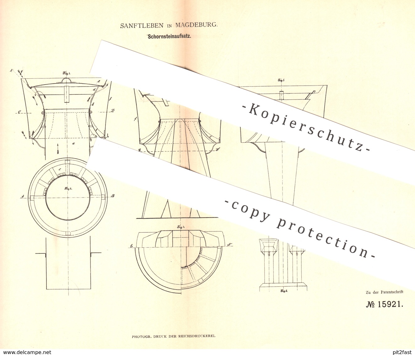 Original Patent - Sanftleben , Magdeburg , 1881 , Schornsteinaufsatz | Schornstein , Esse , Ofen | Schornsteinfeger !!! - Historische Dokumente